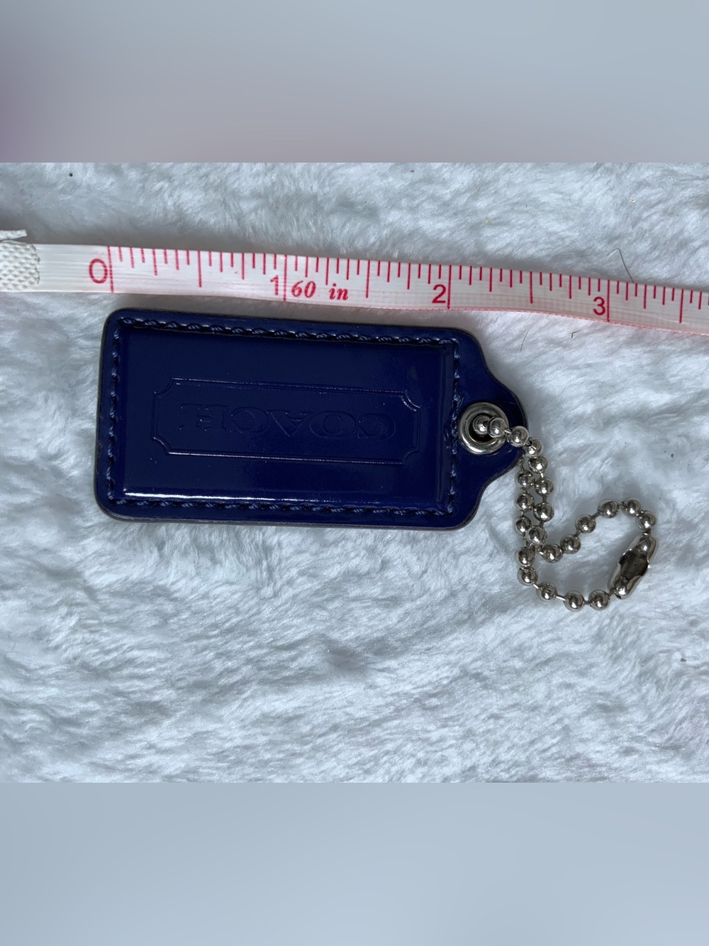 Coach Dark Blue Patent Leather Key Tag with Silver Ball Chain (71)